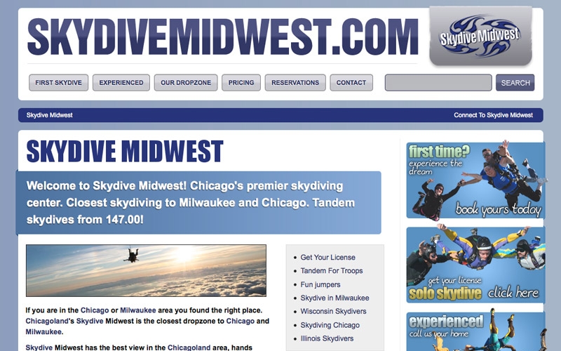 Skydive Midwest landing page