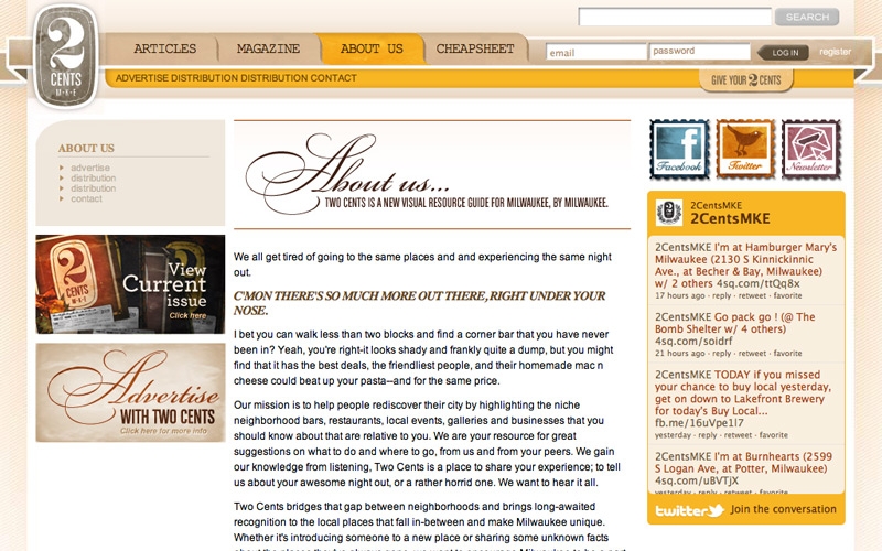 About 2 Cents Milwaukee page, design by Jonathan Warobick.