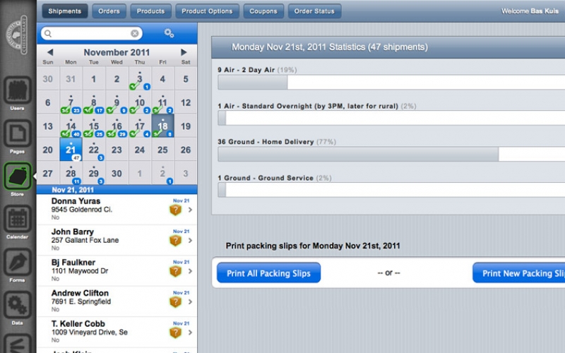 On the back-end, a shipment schedule is available to staff. Here packing slips can be printed, shipments can be picked and shipment labels printed. Every package should arrive perfectly on-time!